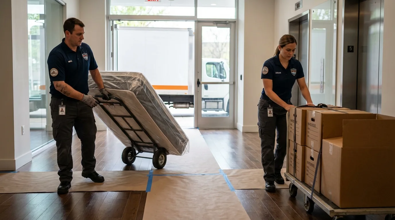 Professional apartment movers loading elevator in Eden, NY